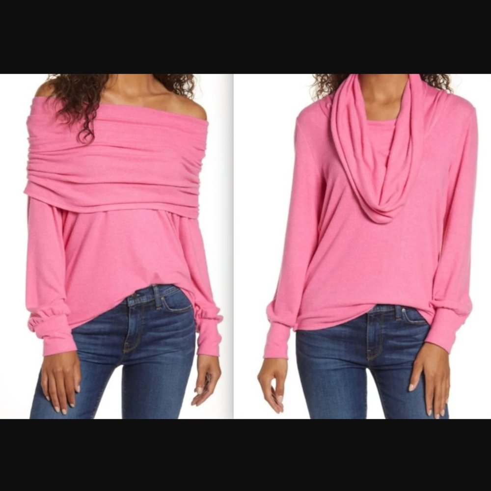 Gibson Cozy Fleece Convertible Neck Sweatshirt, Size Medium - Pink Lipstick